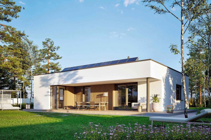Maison en bois kit en ossature bois "MINI 25 MODERN +" 98 m² 3 chambres, plain-pied, toit plat / Auto-construction RE2020